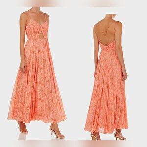 NWT $549 AMUR Lucy Pleated Paisley Cutout Midi Dress Peach Size 12